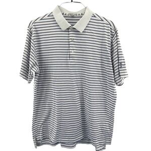 Peter Millar Mens Large White Navy Blue Striped Cotton Golf Polo Shirt Short Slv